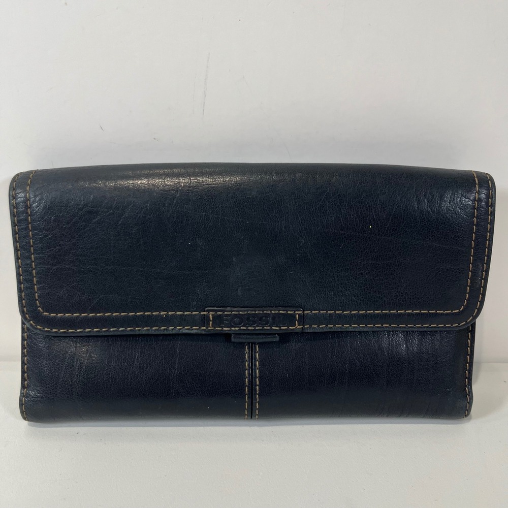 Vintage Fossil Wallet Black Leather Tri Fold Classic Minimalist Travel Boho Y2K